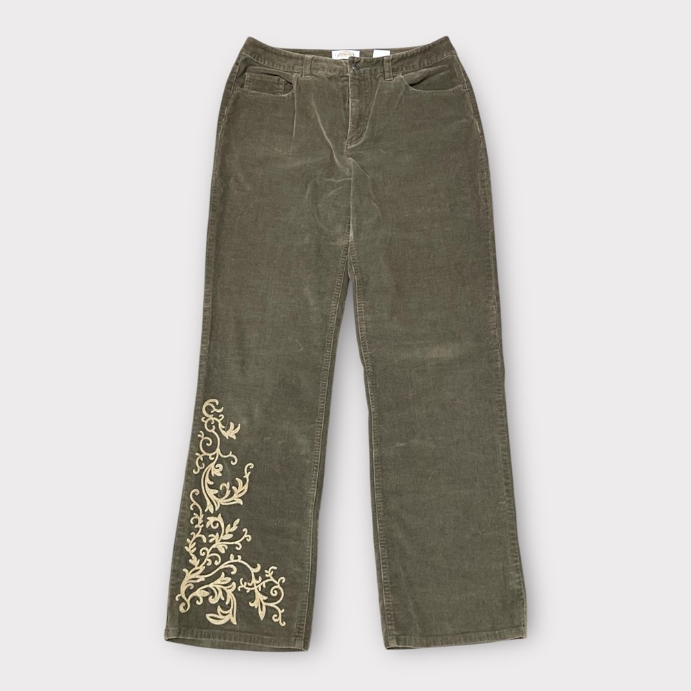 Size 6 Talbots Olive Green Embroidered Corduroy Pants SHIP NEXT DAY